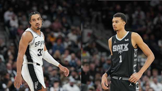 San Antonio, Texas, USA; San Antonio Spurs center Victor Wembanyama and point guard Tre Jones at Frost Bank Center against the Chicago Bulls (right) and Charlotte Hornets (left).
